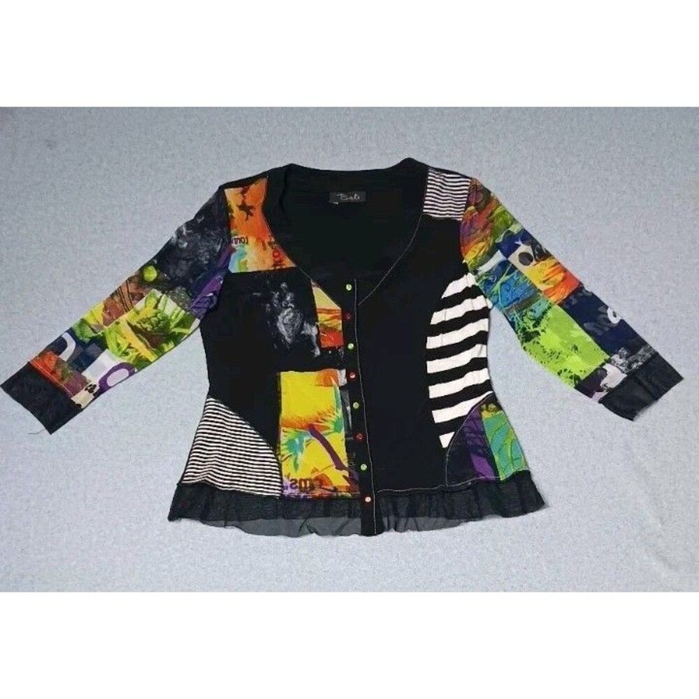Bali 3/4 Sleeve Button Up Blouse M Mulitcolor Patchwork Mixed Media Goblincore